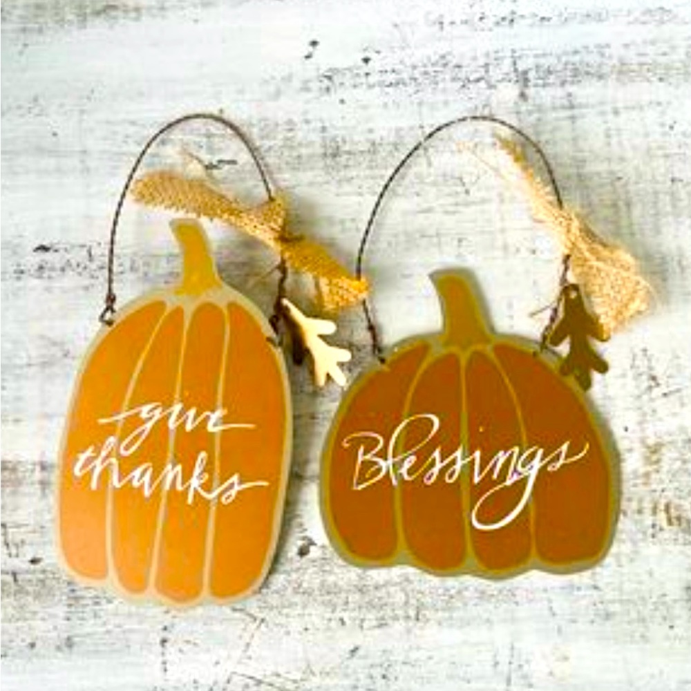*Blessings Holiday Metal Pumpkin Ornaments Set of 2